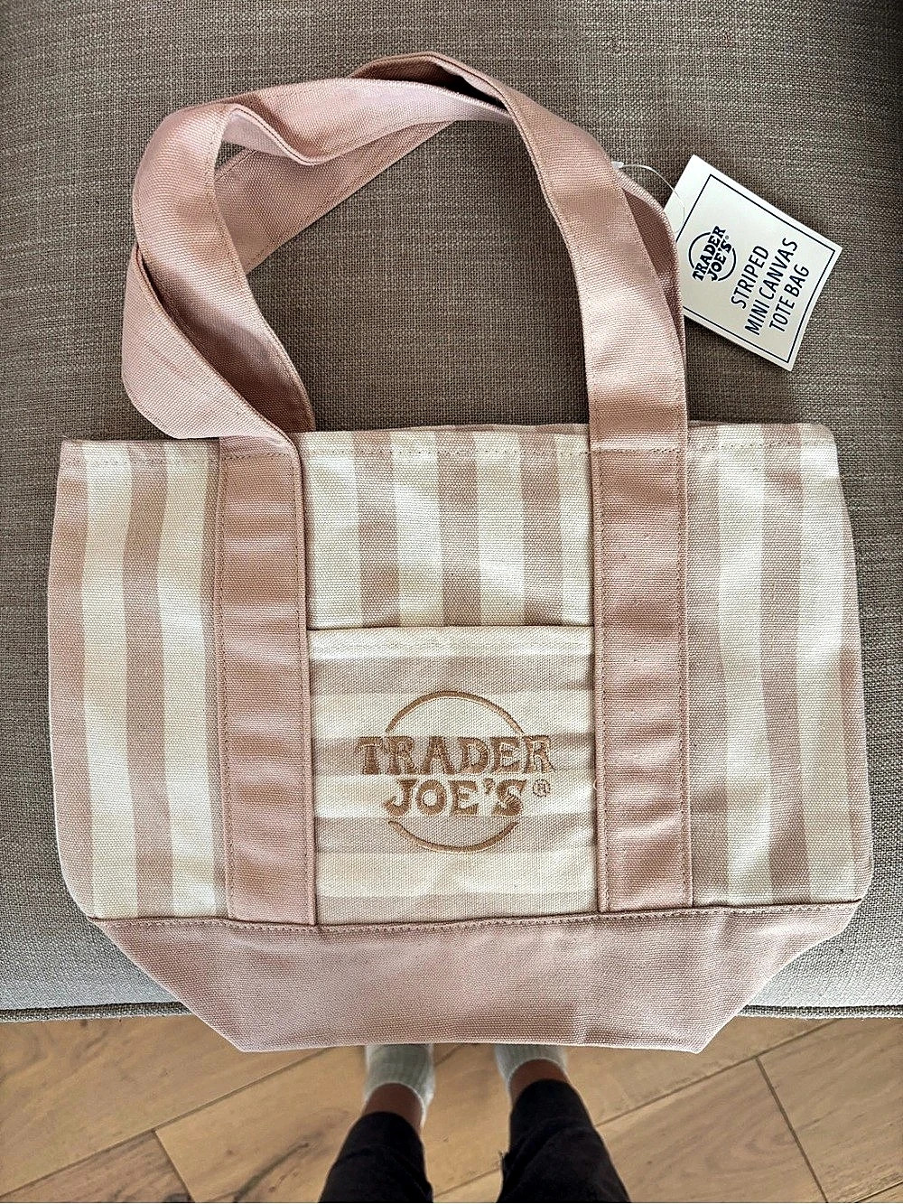 Trader Joe's Striped Mini Canvas Tote Bag beige & White